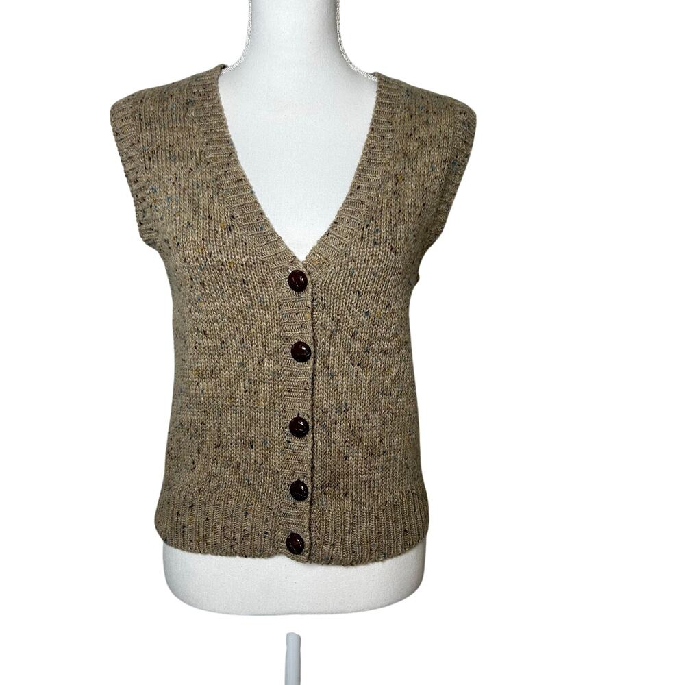 Gap 1970's vintage tan speckled weed wool blend button v-neck sweater vest M
